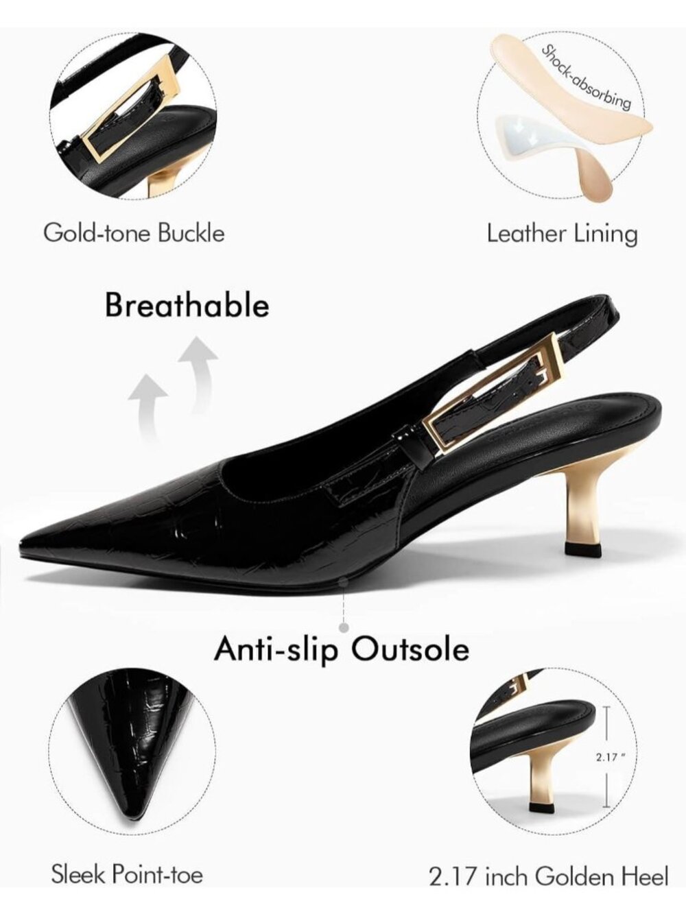 Women's Black Croc Slingback Kitten Heels Closed Pointed Toe Buckle Strap Pumps - Picture 2 of 5